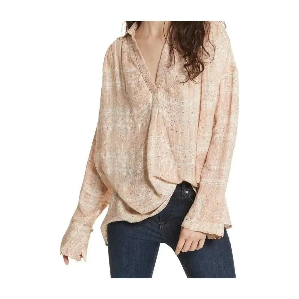 Free People Women's Beige Fearless Love Bell Sleeve Shirt Size Small NEW